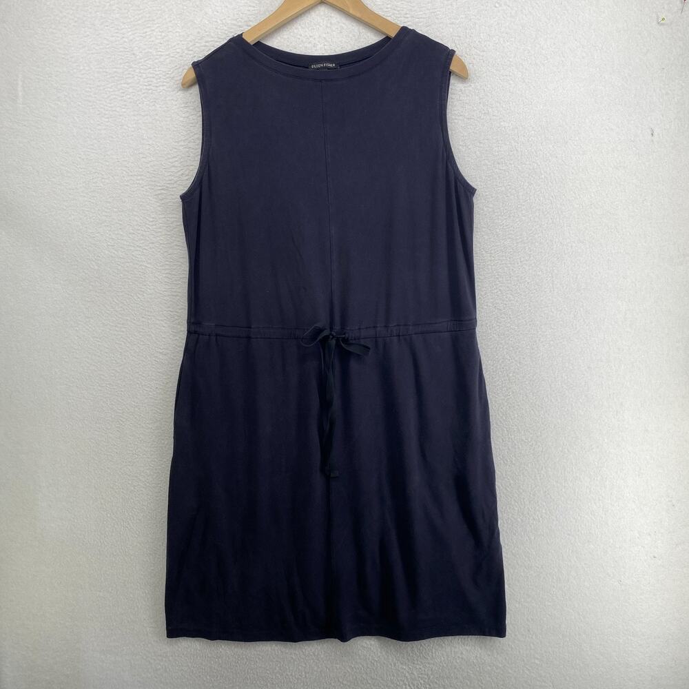 EILEEN FISHER Dress M Lyocell Shift Cinched Lap Shoulder Sleeveless Blue USA